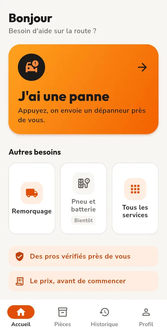 Écran d'accueil de l'application WADOO avec le grand bouton « J'ai une panne »